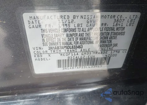 2013 Nissan Sentra Sl z USA, uszkodzony, nr VIN 3N1AB7AP5DL633463